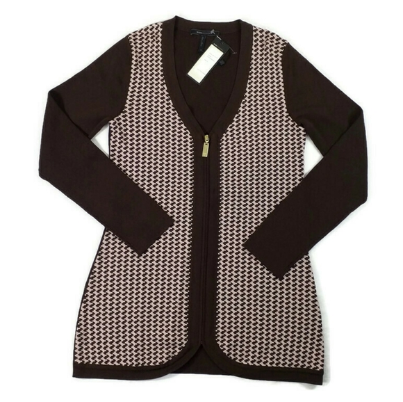 BCBGMaxAzria Brown Pink Long Sleeve Zip Front Cardigan Sweater Womens M NWT - Picture 7 of 13